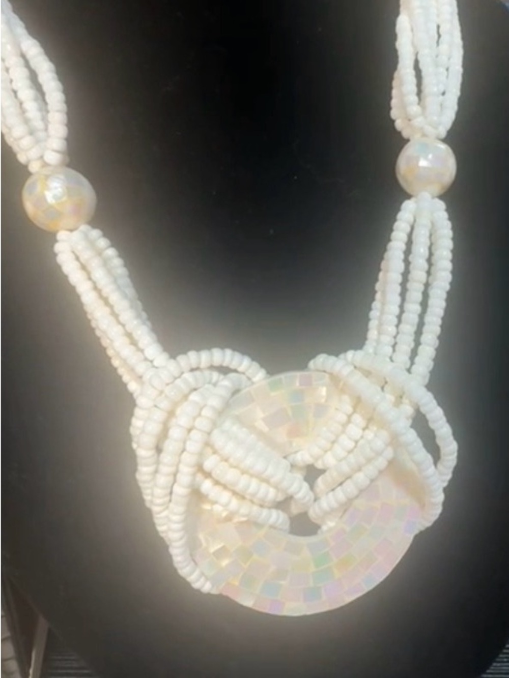 White Beaded Statement Necklace with Iridescent white mother of pearl* Vintage